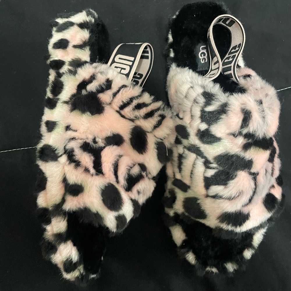 UGG Black and Pink Plush Slippers